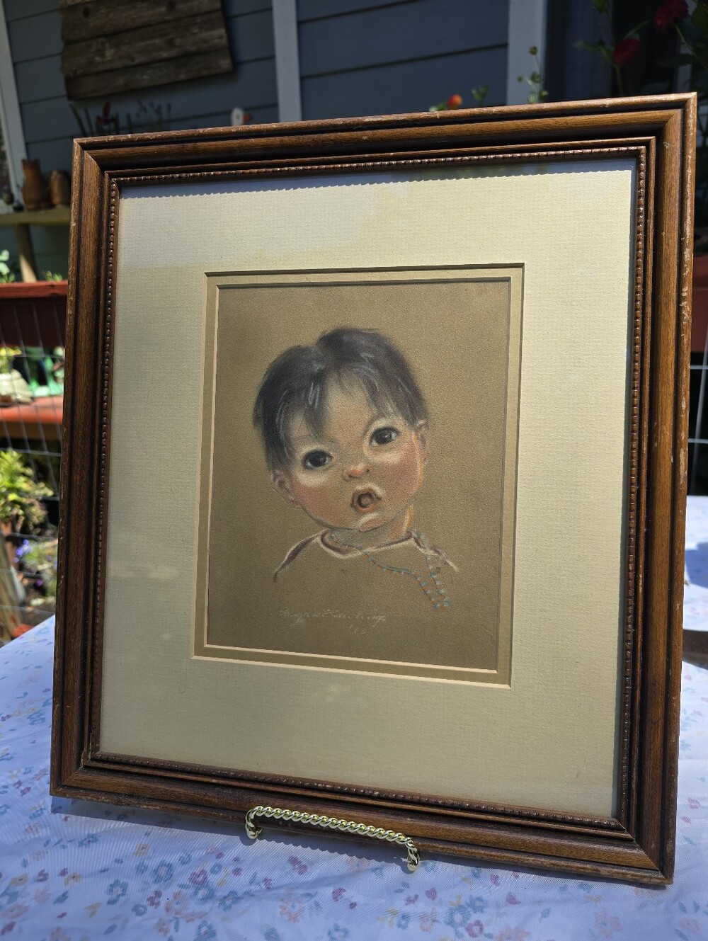 1963 Margaret Rawlings Signed Pastel Portrait - Native American Child